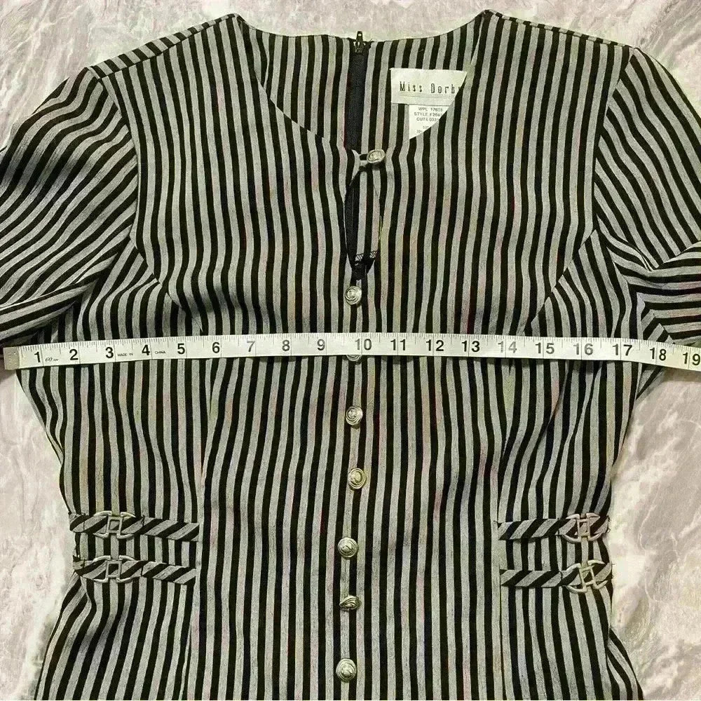 Miss Dorby Womens Size 8 Dress Short Sleeve Black Stripe Buttons Vintage Style - Picture 6 of 9
